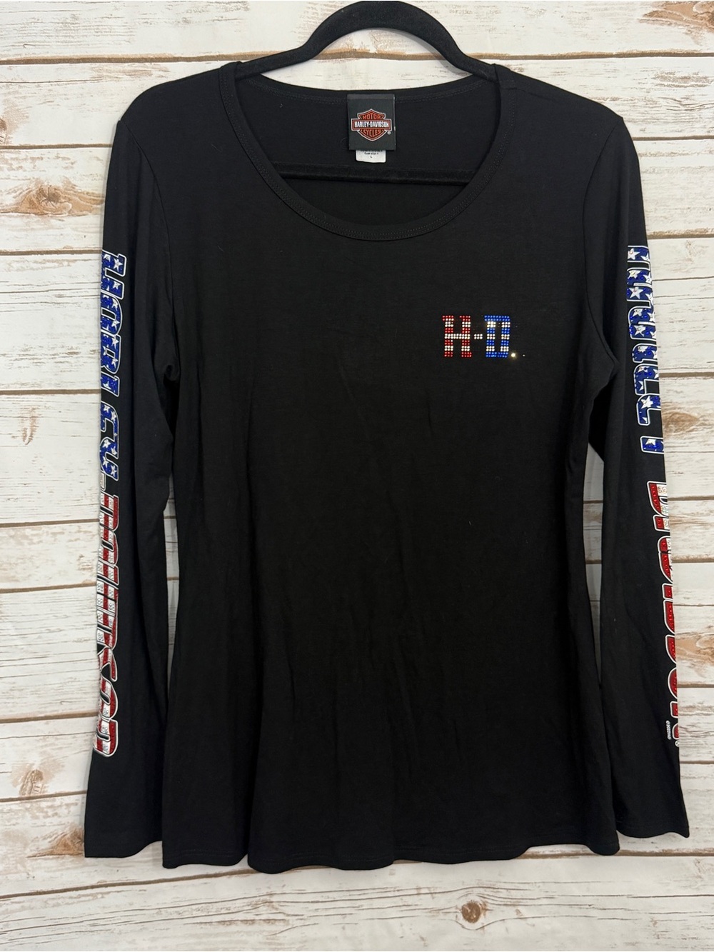 Harley Davidson Red White Blue Embellished Graphic Long Sleeve Tee T-shirt L